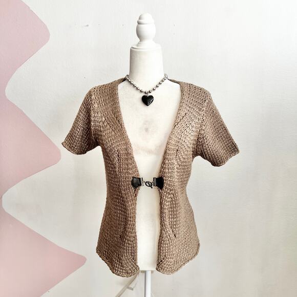 Vintage Brown Crochet Buckle Cardigan Top 90s 2000s Boho Bohemian Small - Picture 1 of 5